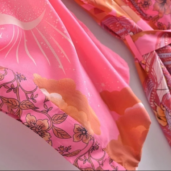 Fuchsia Pink Cosmic Galaxy Moon Boho Short Kimono Coverup Robe - Picture 6 of 10